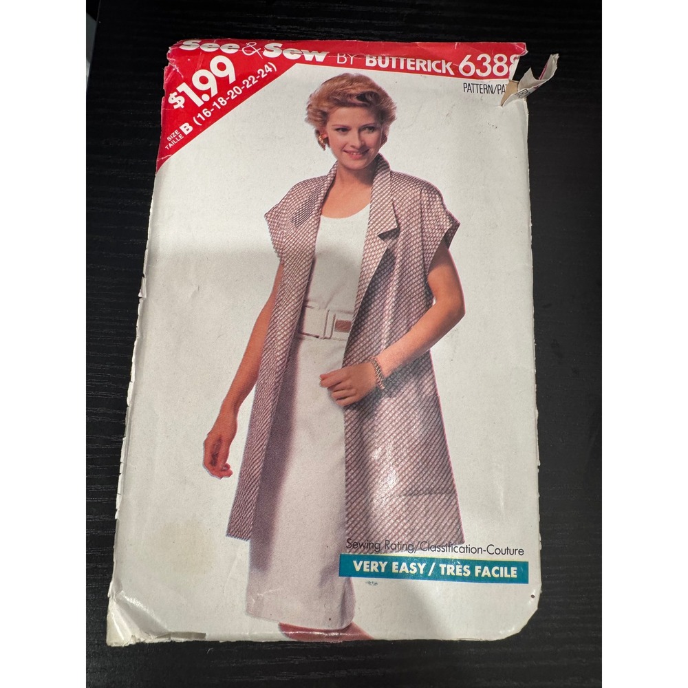 Butterick 6388 Jacket Dress Pattern Women B 16-24 Multi White Vintage 1988 Easy